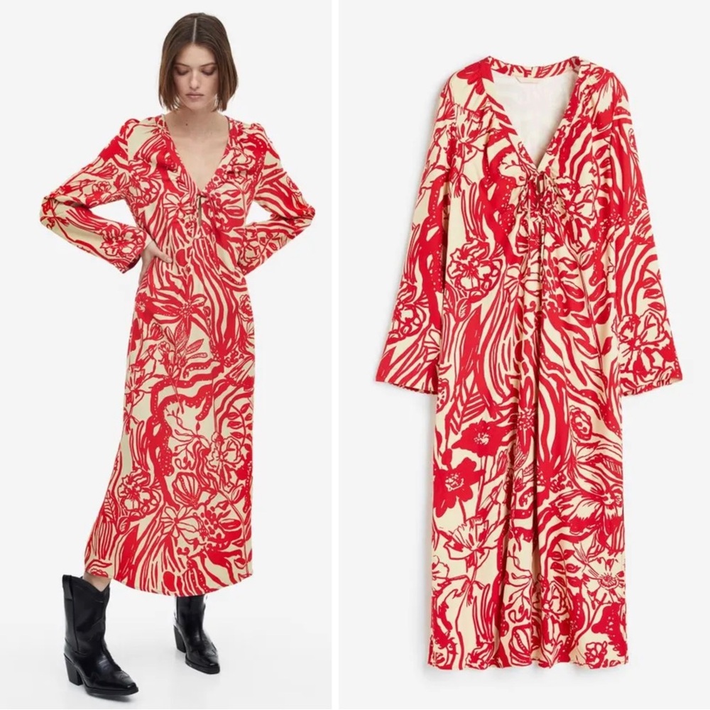 H&M Maxi Length Tropical Floral Print Summer Dress Bold Red & Beige BNWT